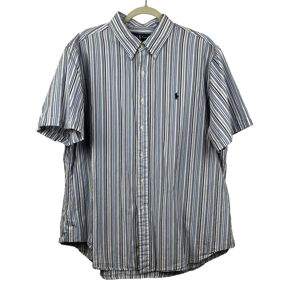 Ralph Lauren Striped Button Down Short Sleeve Custom Fit Preppy Blue Men's XXL